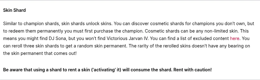 Riot Hextech Crafting Skin Shard definition and champion requirement
