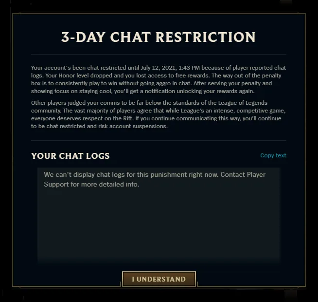 Riot three-day chat restriction notification example