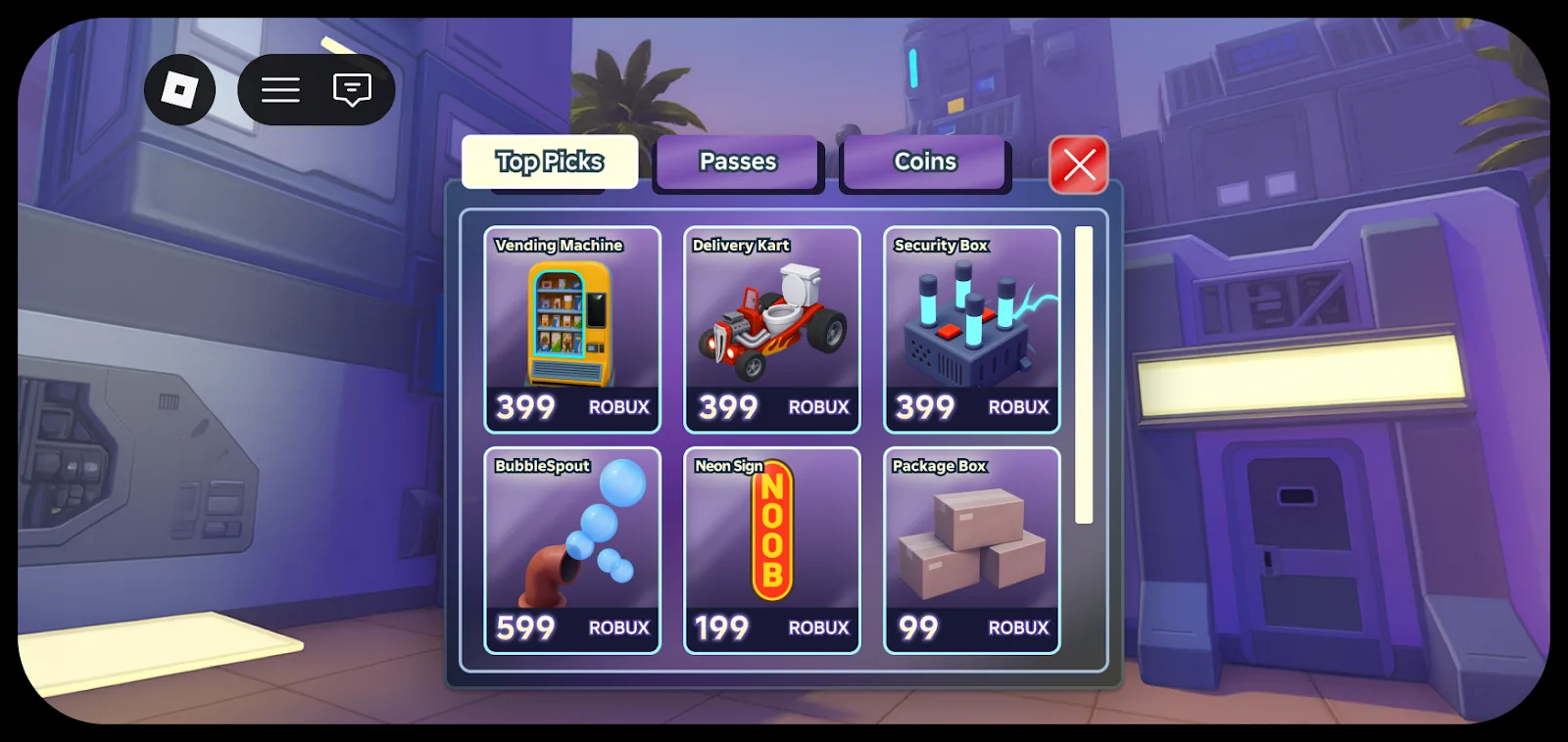 Roblox 체험 상점의 Top Picks Passes Coins 탭과 아이템 목록