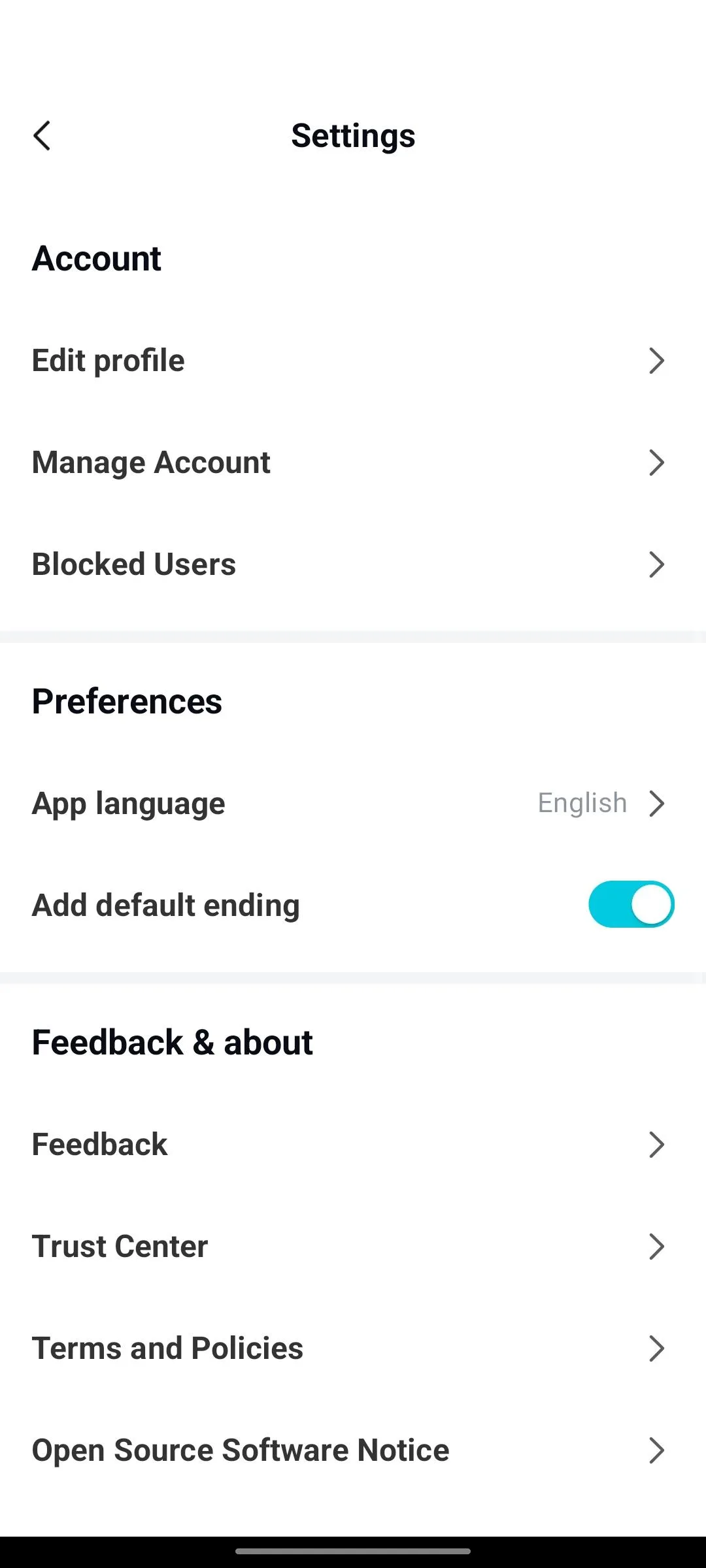 CapCut 설정의 Manage Account 항목