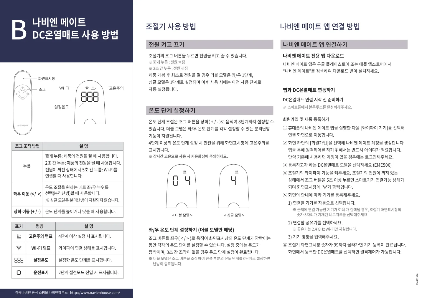나비엔 EME500 조절기와 싱글 및 더블 온도 설정 도해