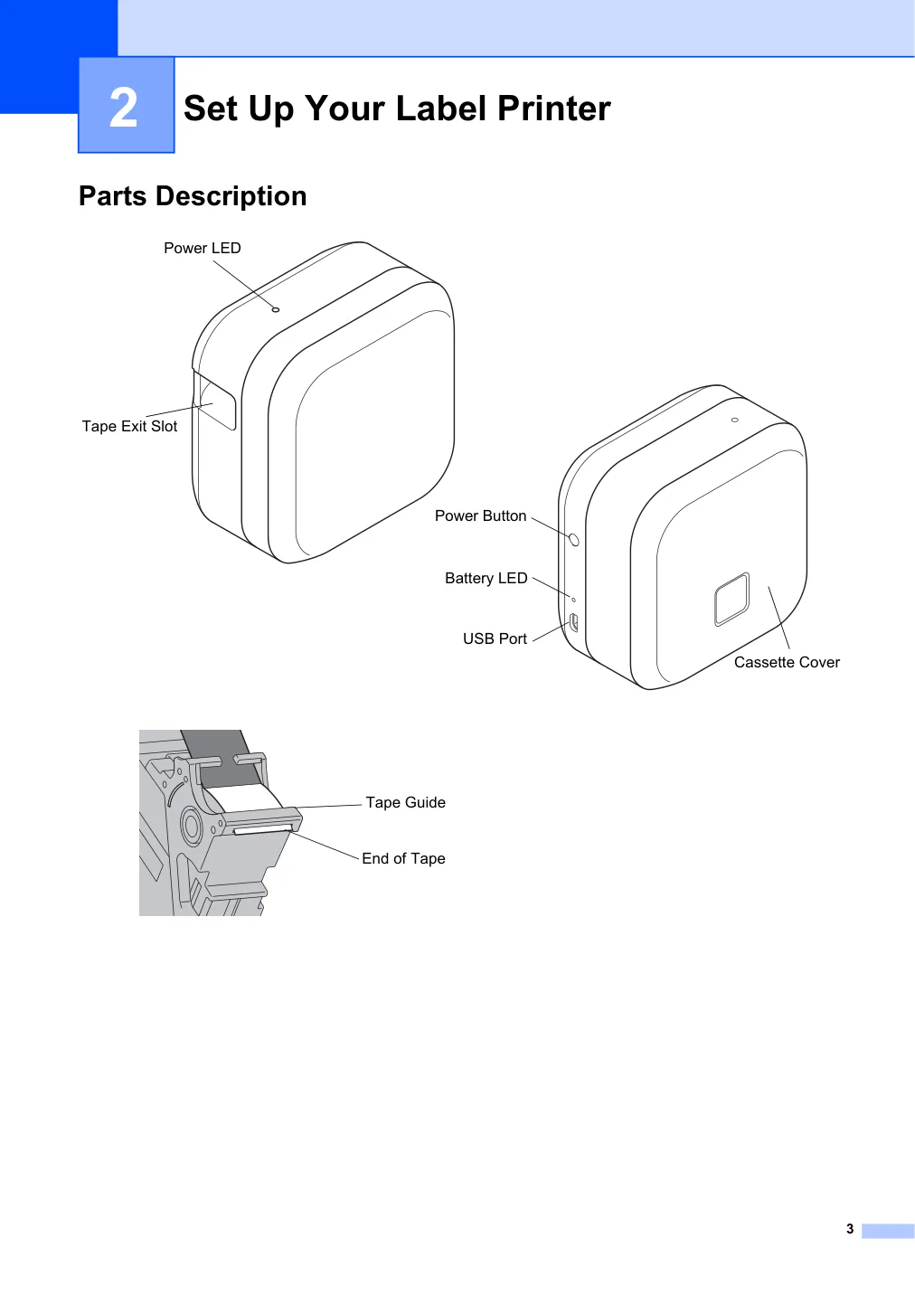 브라더 PT-P710BT 설명서의 USB 포트와 테이프 배출구 위치