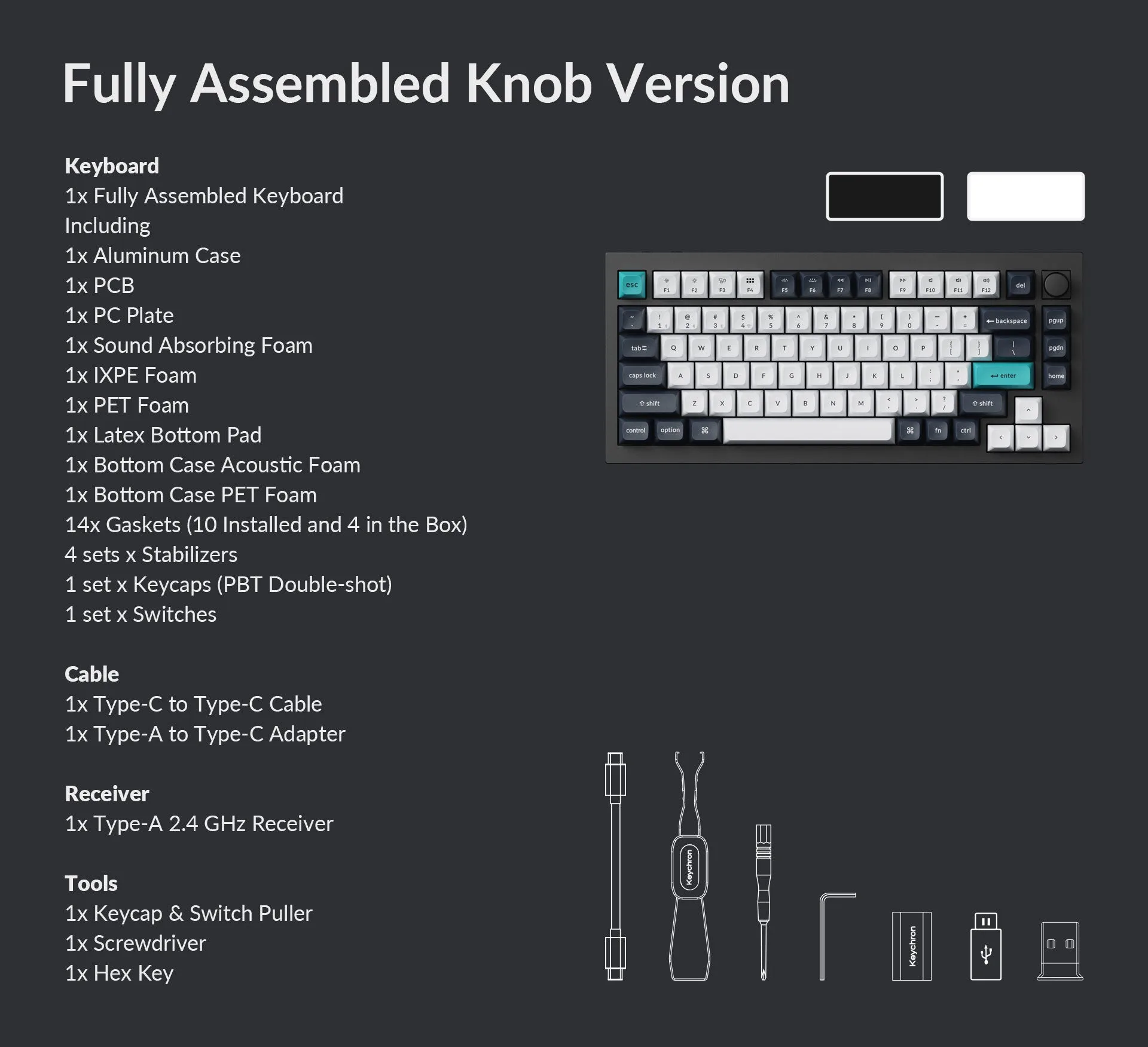 Keychron Q1 Max 완성품 패키지의 케이블과 USB 수신기 구성
