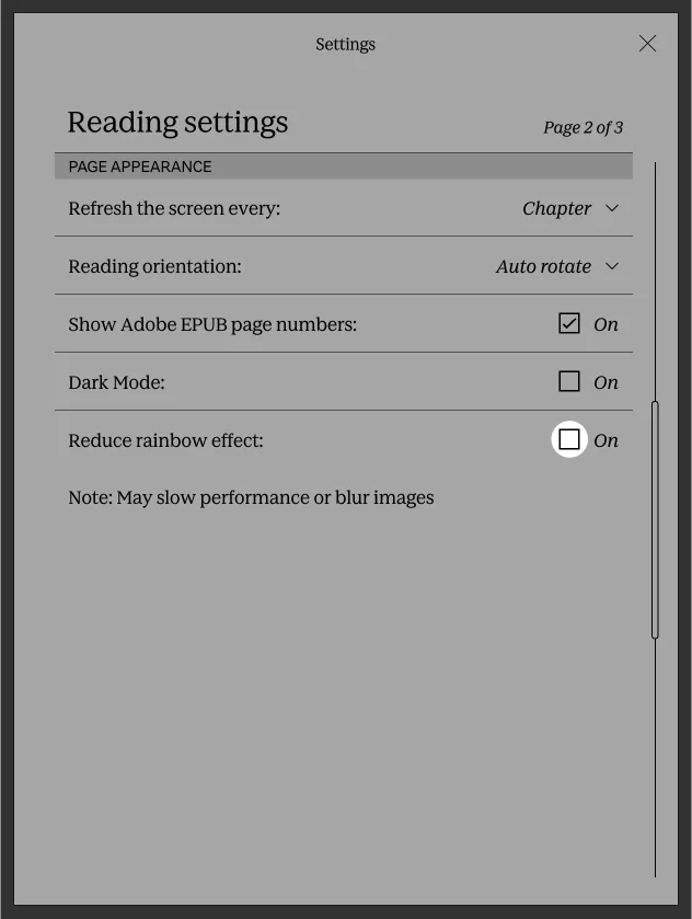 Kobo 읽기 설정의 Reduce rainbow effect 항목