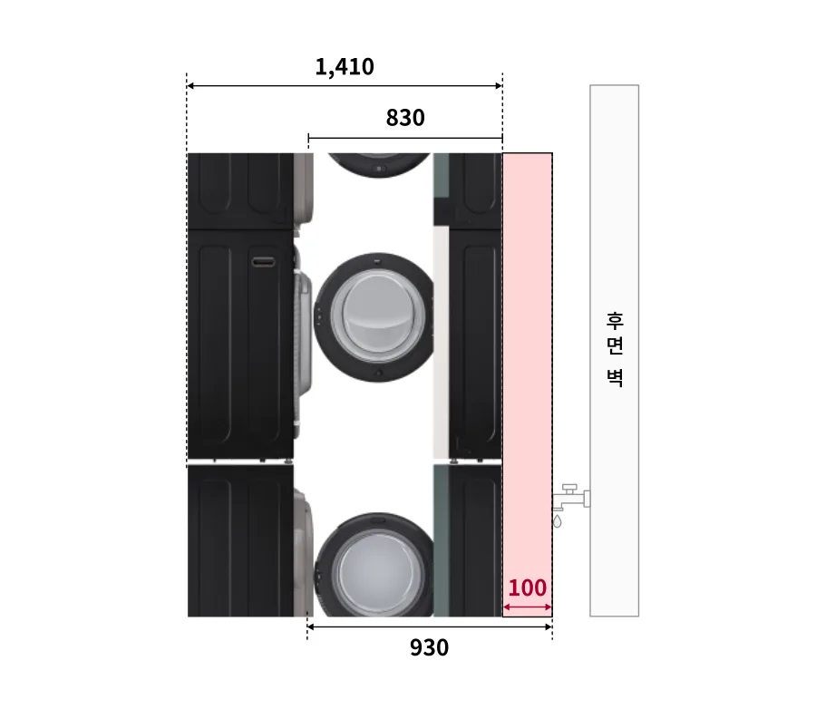 LG 워시타워 WA2525 문 열림 깊이와 후면 설치 간격