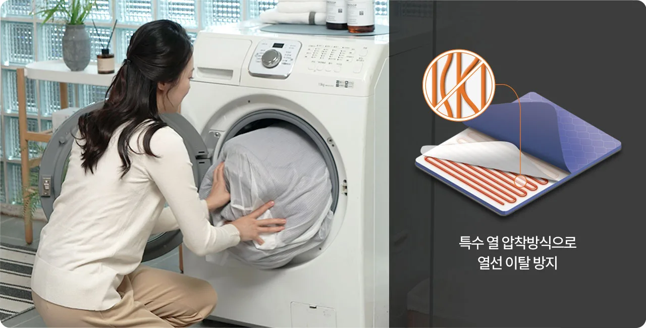 귀뚜라미 KMC 매트의 세탁망 사용 모습과 열선 압착 구조