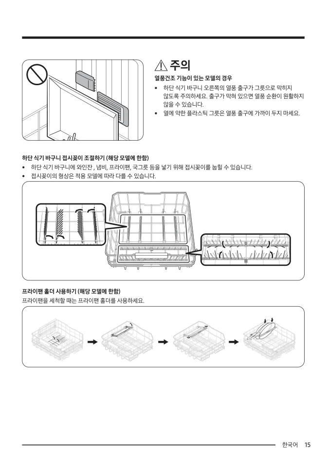 삼성 DW8000F 하단 바스켓의 접이식 지지대와 프라이팬 홀더 도해