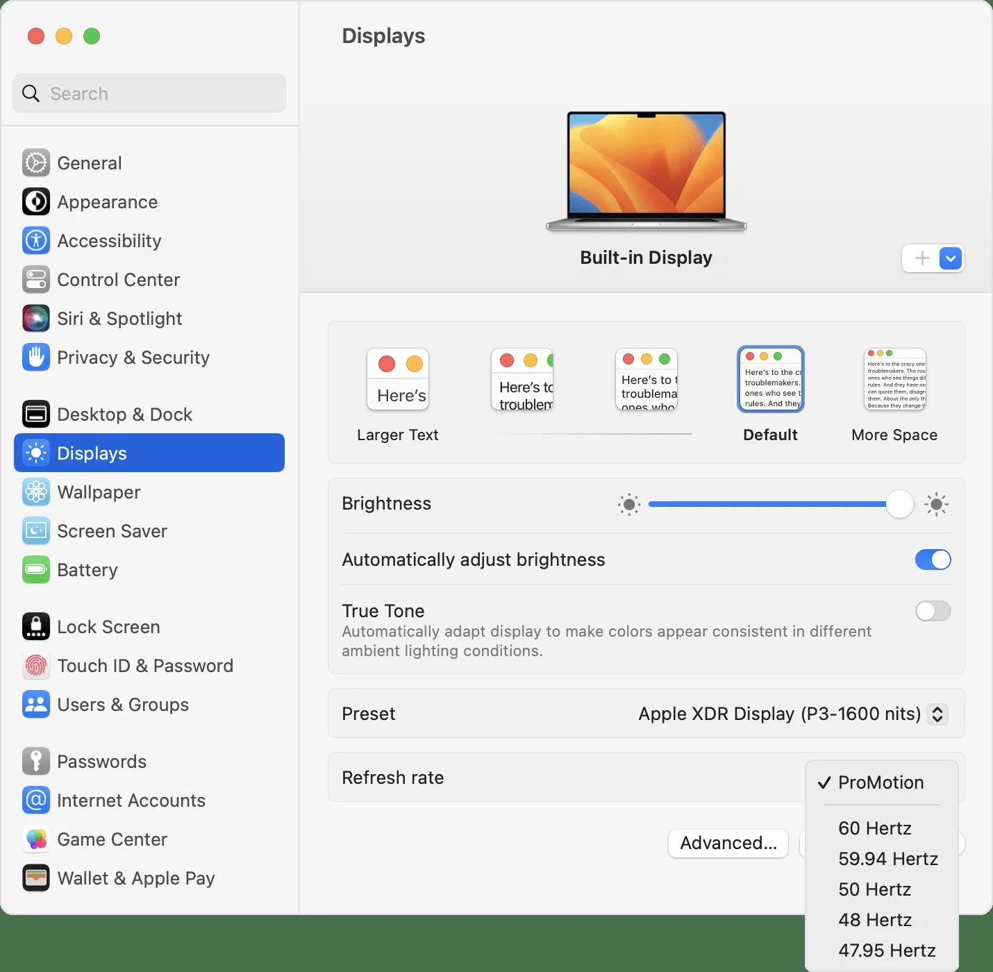 Apple 안내의 macOS Ventura 디스플레이 주사율 선택 화면