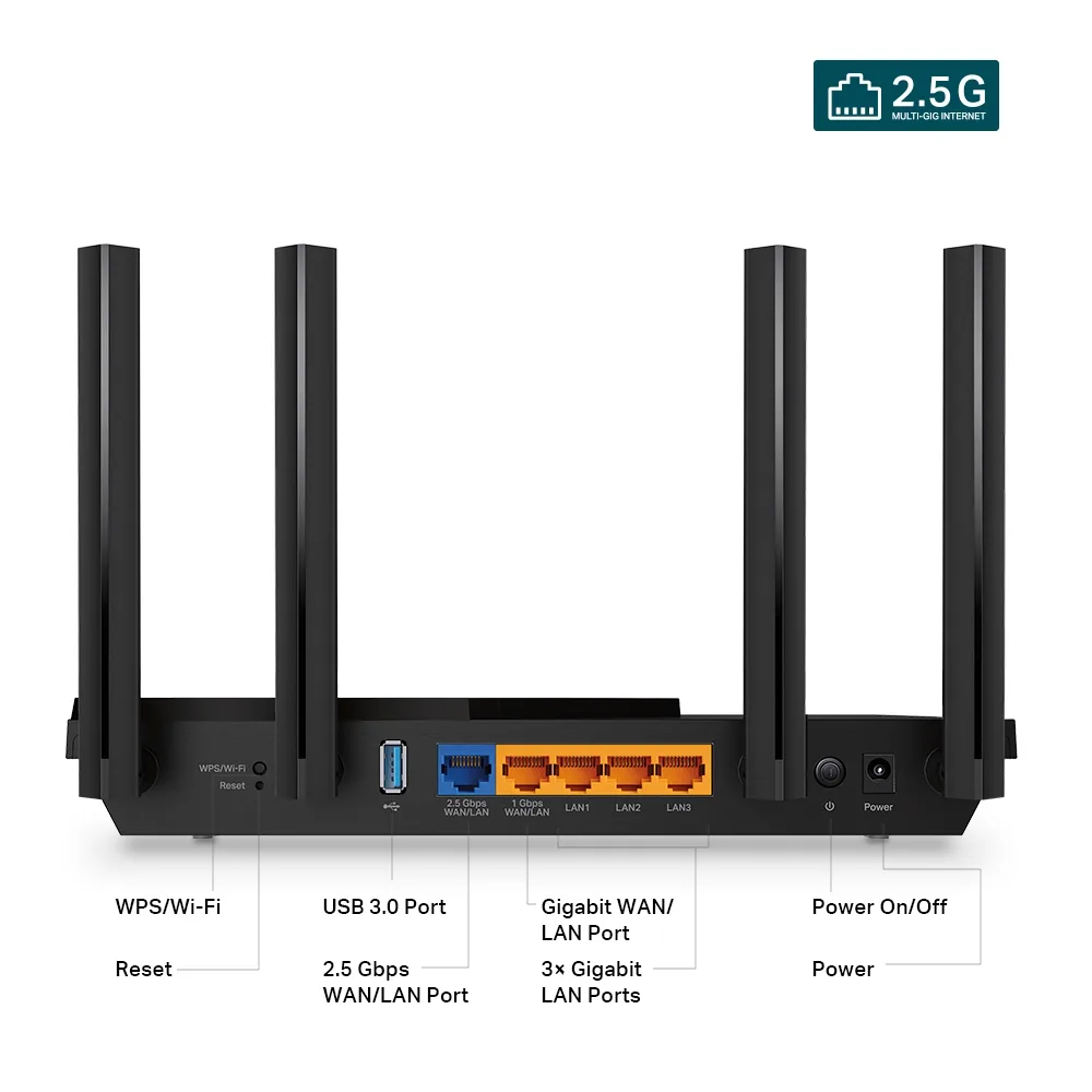 TP-Link Archer AX55 Pro V1 후면의 2.5Gbps WAN/LAN과 기가비트 포트 표기