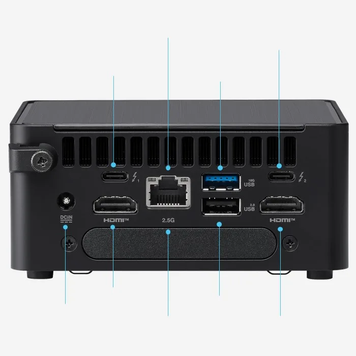 ASUS NUC 14 Pro 후면 영상 출력과 USB 포트 예시