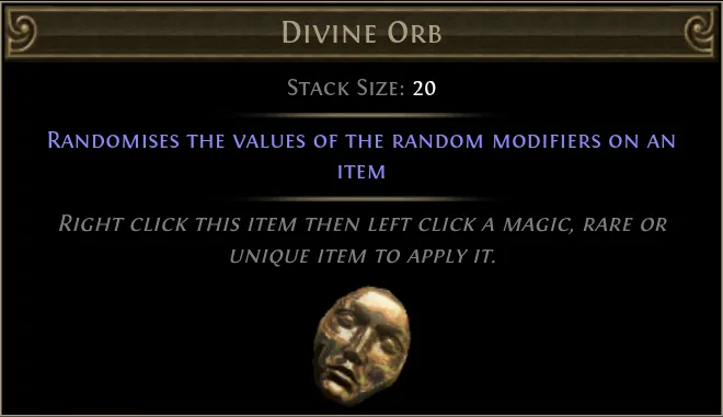 PoE 1 일반 Divine Orb의 원본 아이콘과 작동 설명