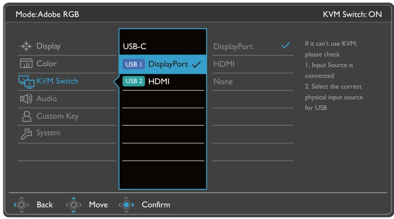 PD2705U KVM 메뉴의 USB 1 DisplayPort와 USB 2 HDMI 지정 화면