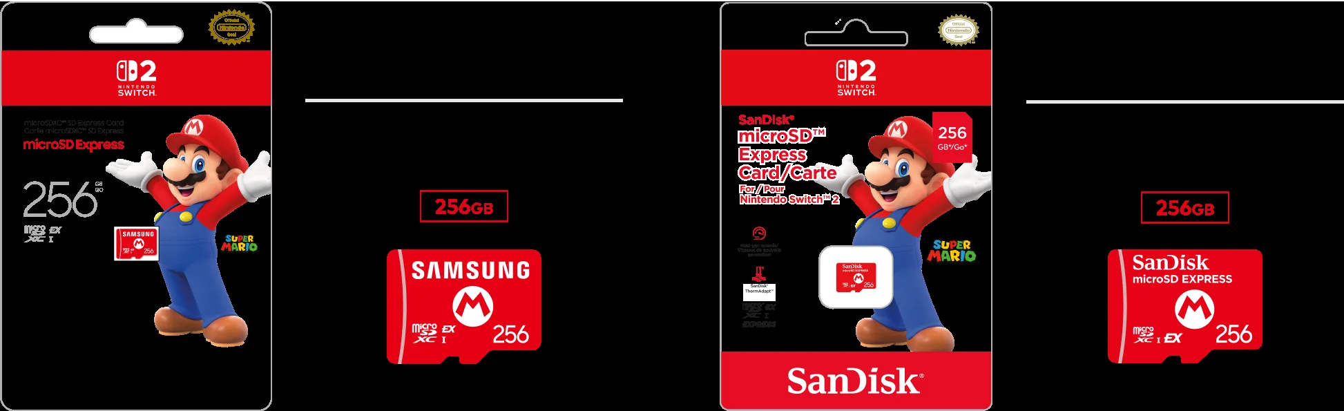 한국닌텐도 자료에 나온 삼성과 SanDisk 256GB microSD Express 카드와 포장 예시