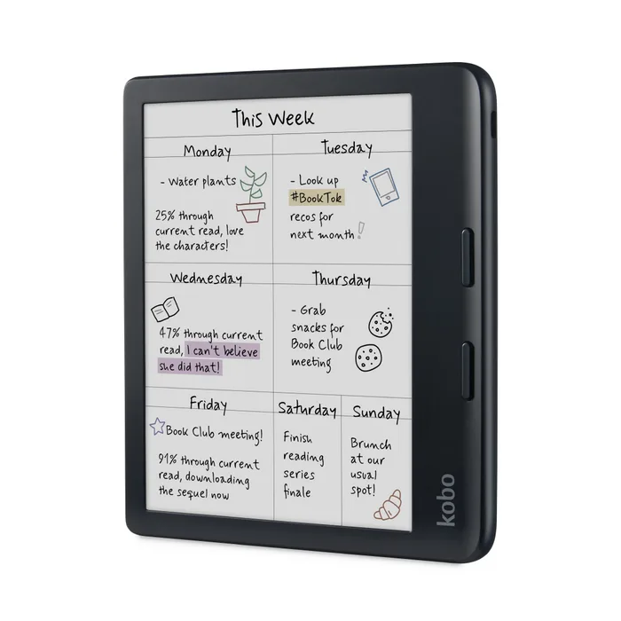 Kobo Libra Colour 본체: 오른쪽 페이지 버튼과 컬러 노트 화면 예시