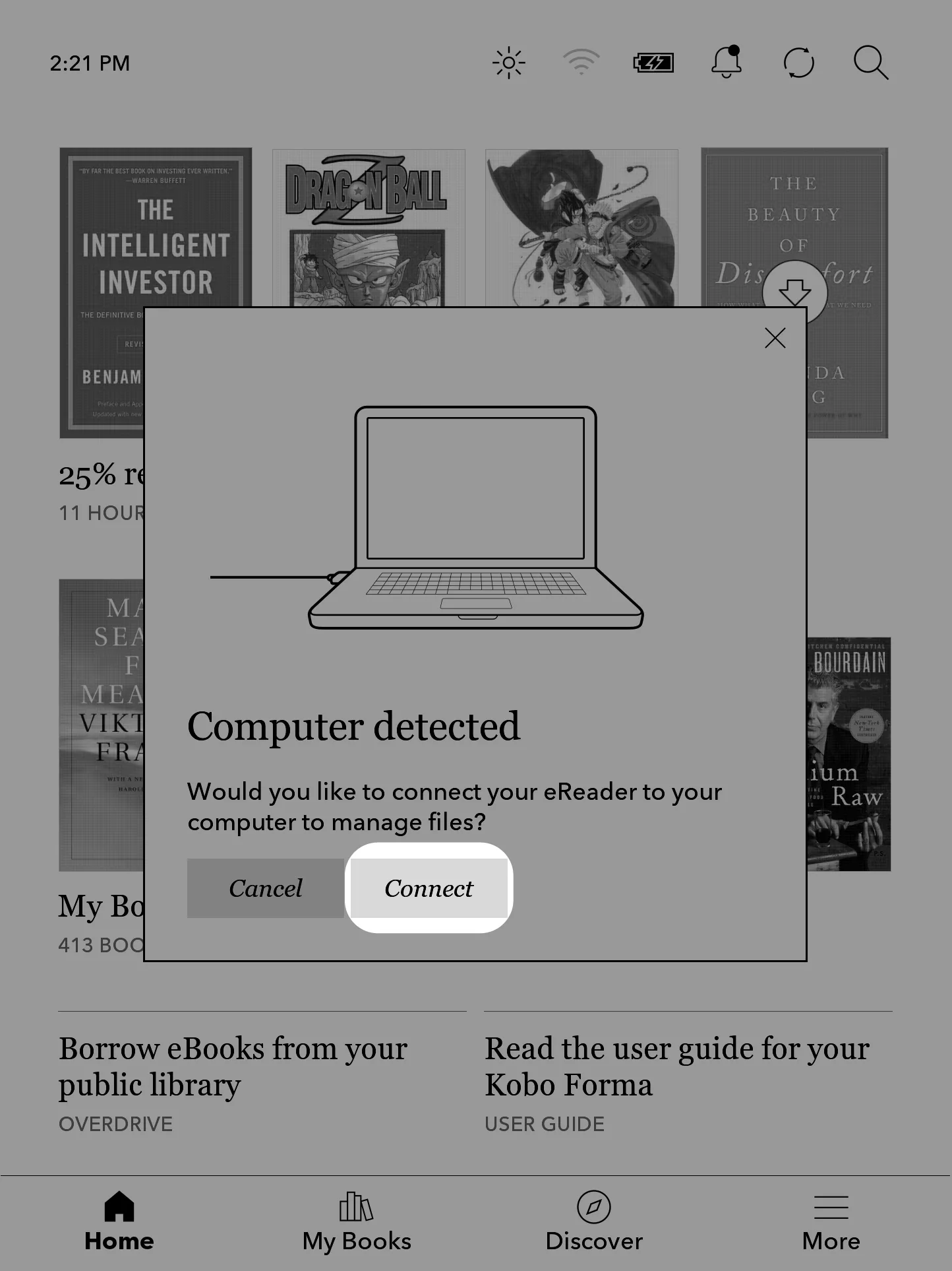 Kobo 지원 문서의 컴퓨터 연결 팝업: Connect 버튼 위치