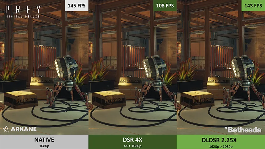 NVIDIA의 Prey 1080p 네이티브, DSR, DLDSR 비교 화면