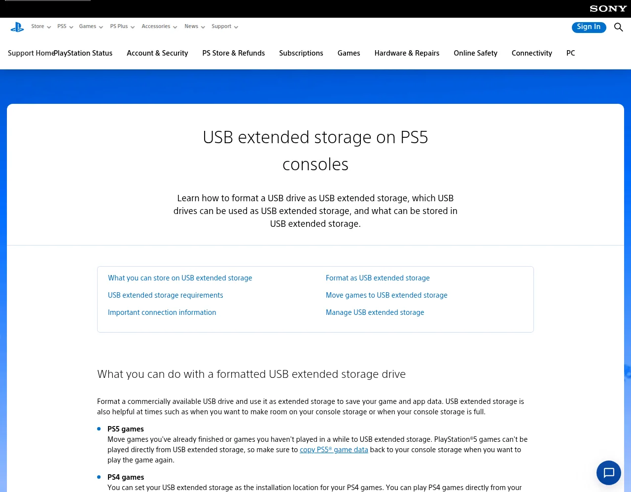 PlayStation 공식 지원 문서 화면: USB 확장 스토리지의 PS5·PS4 게임 사용 조건