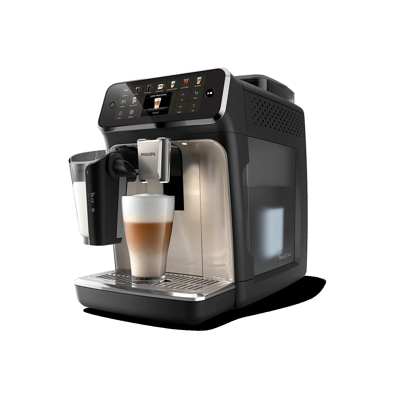 Philips EP5547/93 LatteGo 우유통과 우유 음료 화면