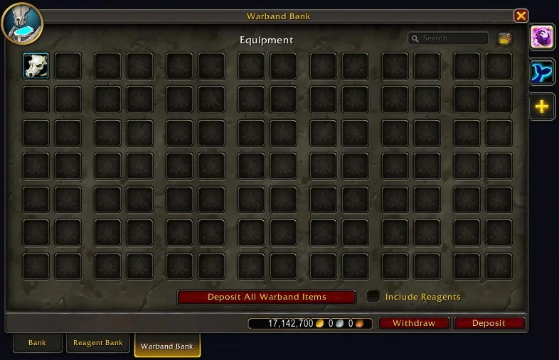 Warband Bank with gold balance, Withdraw and Deposit buttons