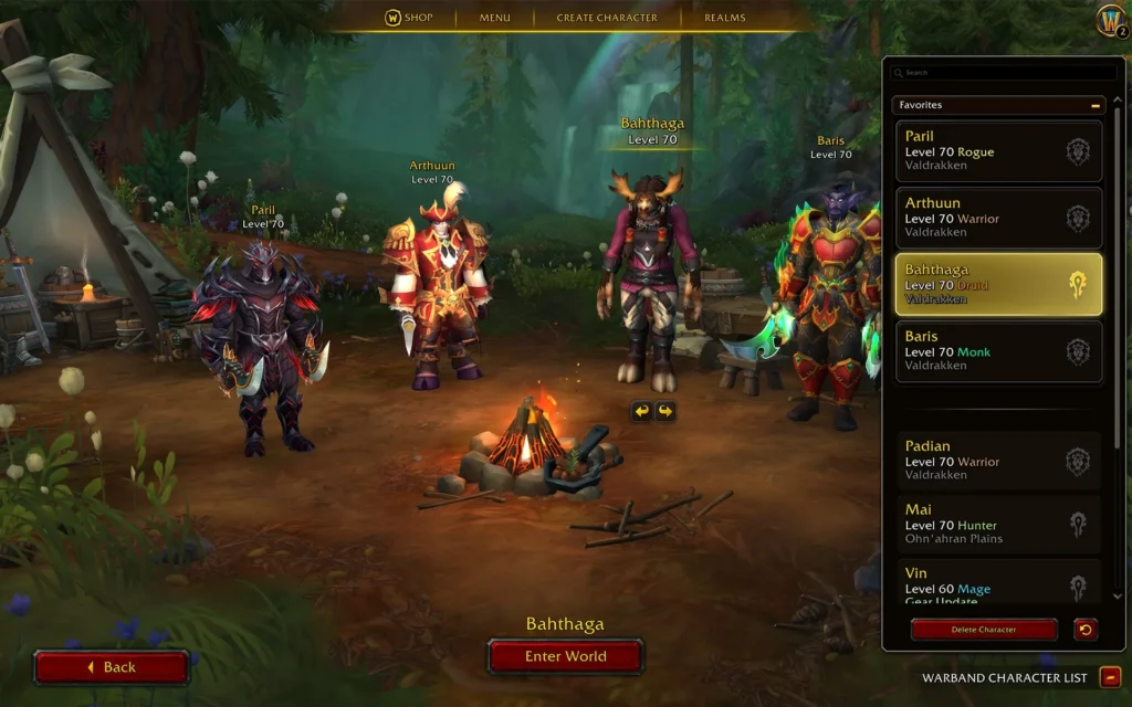 Blizzard Warband character list with names and faction icons