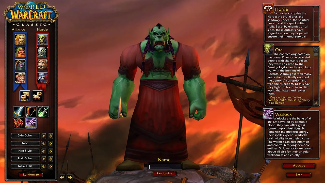 WoW Classic 캐릭터 생성 화면의 Alliance와 Horde 종족 선택