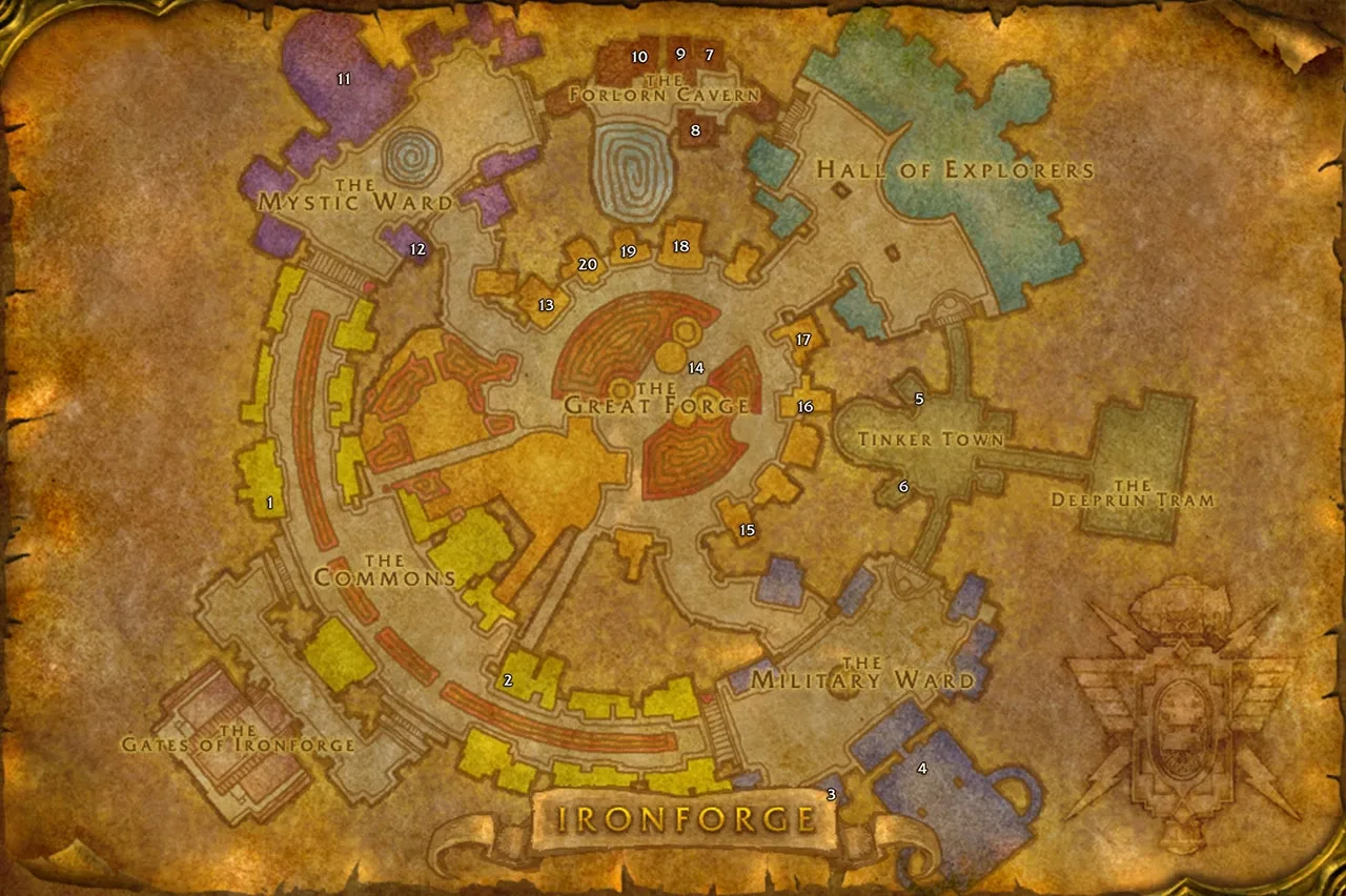 Hall of Explorers와 The Commons 구역이 표시된 Blizzard Classic Ironforge 지도