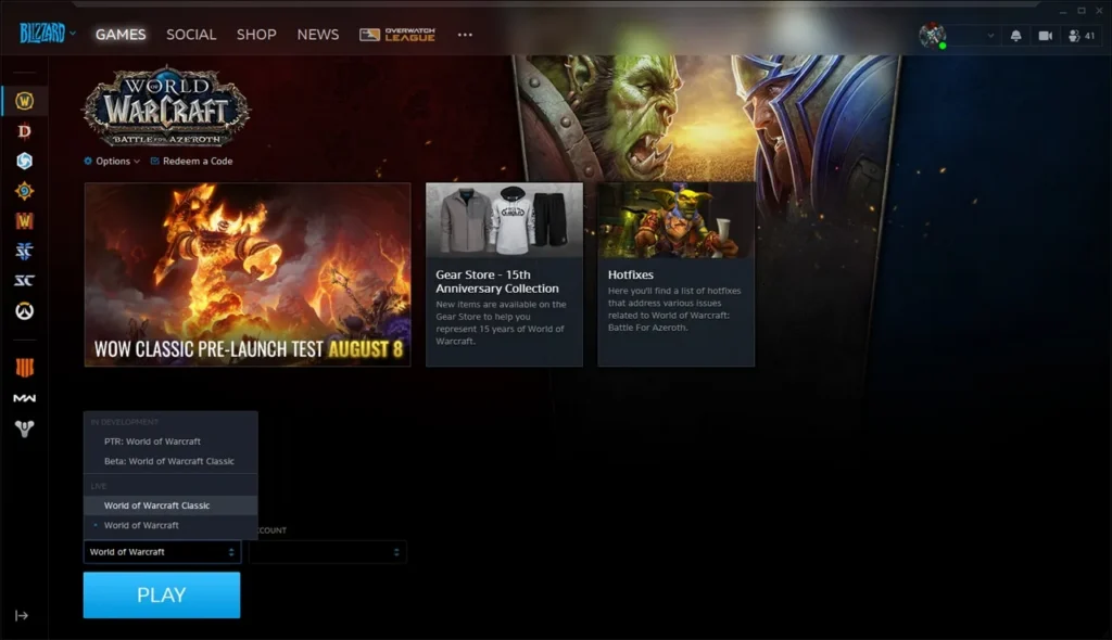 Blizzard의 2019년 Battle.net 화면에서 열린 게임 버전 메뉴