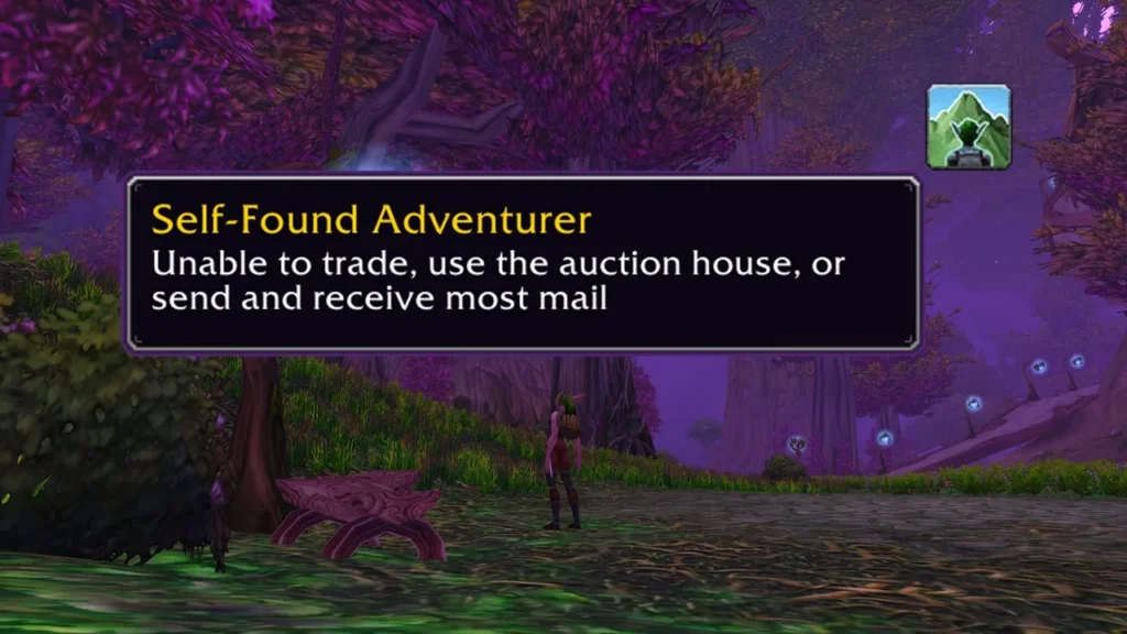 WoW Classic Self-Found Adventurer buff and tooltip restricting trade, auctions and mail