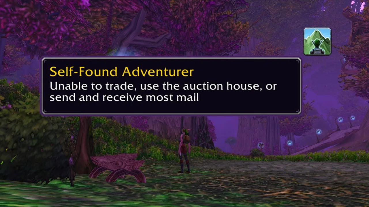 WoW Classic Self-Found Adventurer buff and tooltip restricting trade, auctions and mail