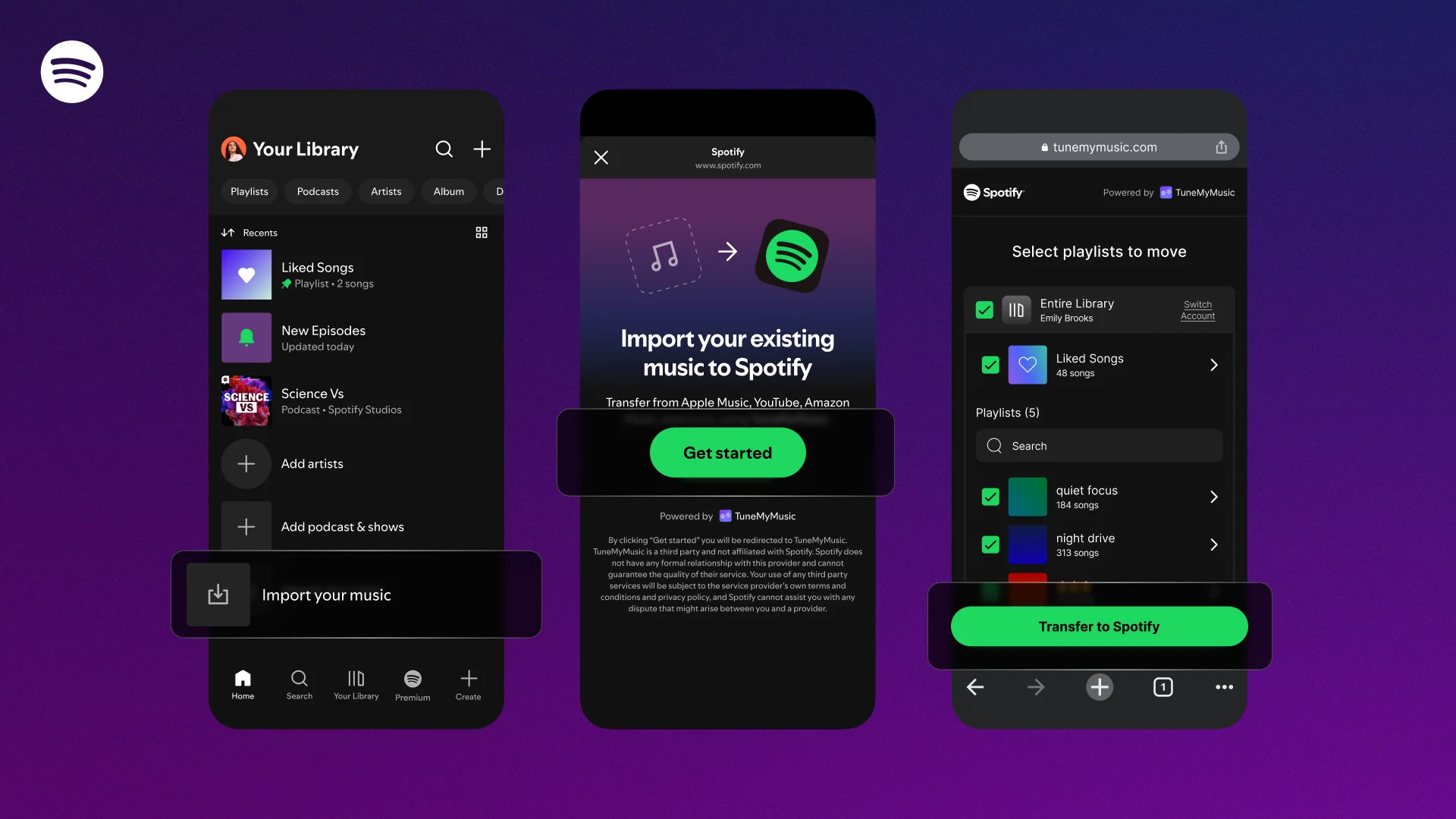 Spotify’s published three-screen example showing Your Library, music import and playlist transfer selection
