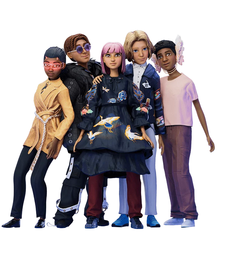 Five Roblox avatars in Roblox’s illustration of Robux transfers between friends