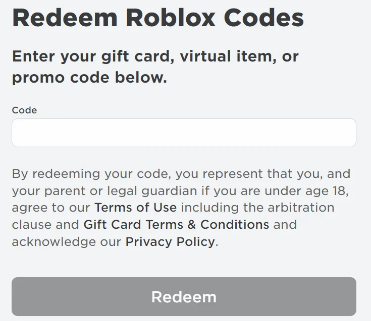 Roblox code-redemption screen with the Code field and Redeem button