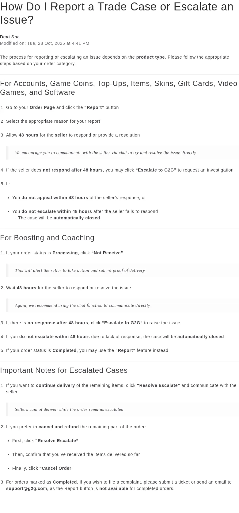 G2G help page showing the Items Report and Escalate to G2G instructions