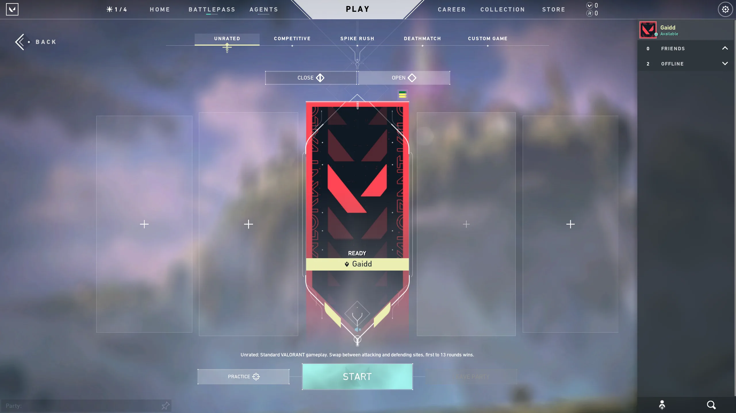 VALORANT Play lobby showing the server-selection icon above the player card