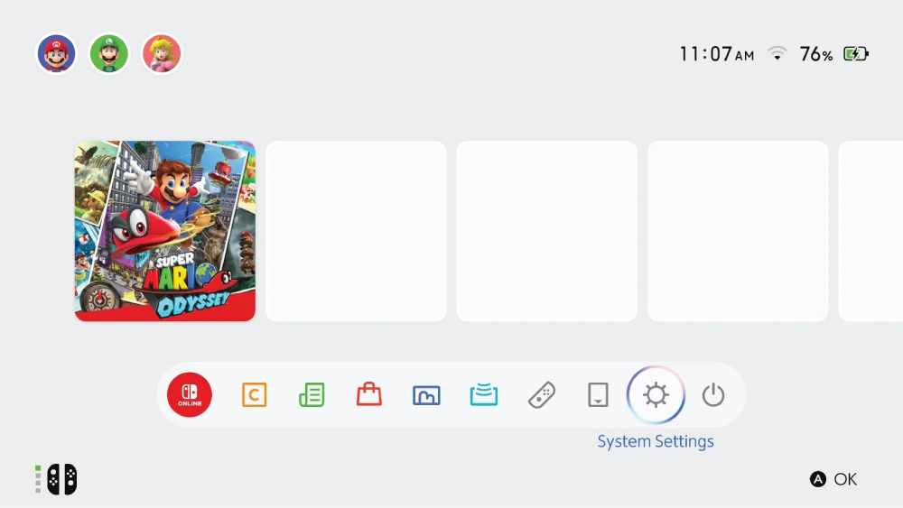 설정 아이콘이 선택된 Nintendo Switch 2의 공식 영문 HOME 화면