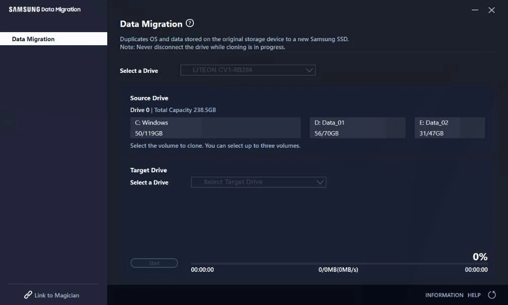 Data Migration 4.0 공식 설명서의 원본과 대상 선택 화면 예시