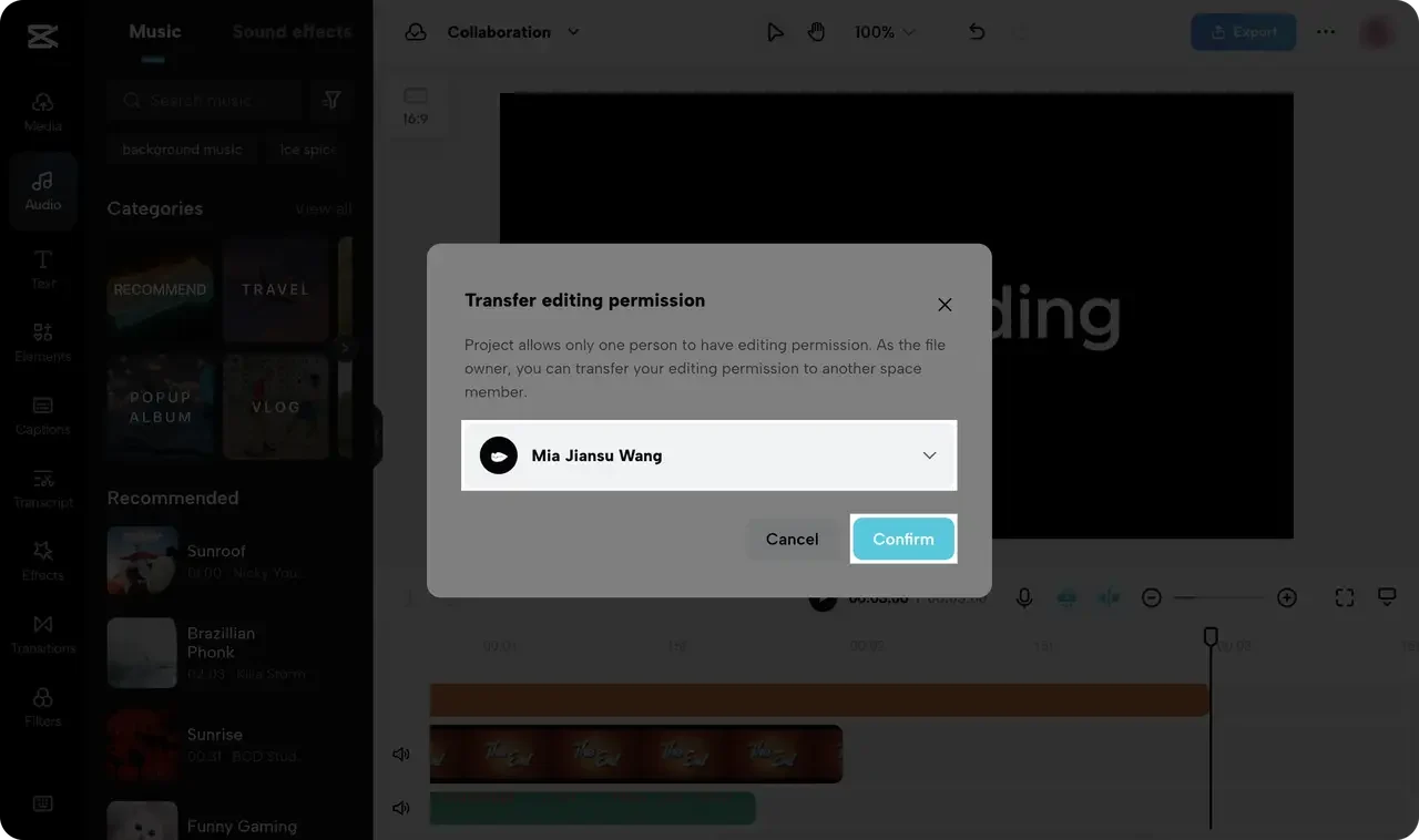 CapCut official dialog for choosing the next editor and confirming the transfer