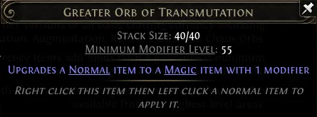 Greater Orb of Transmutation tooltip describing Normal to Magic conversion