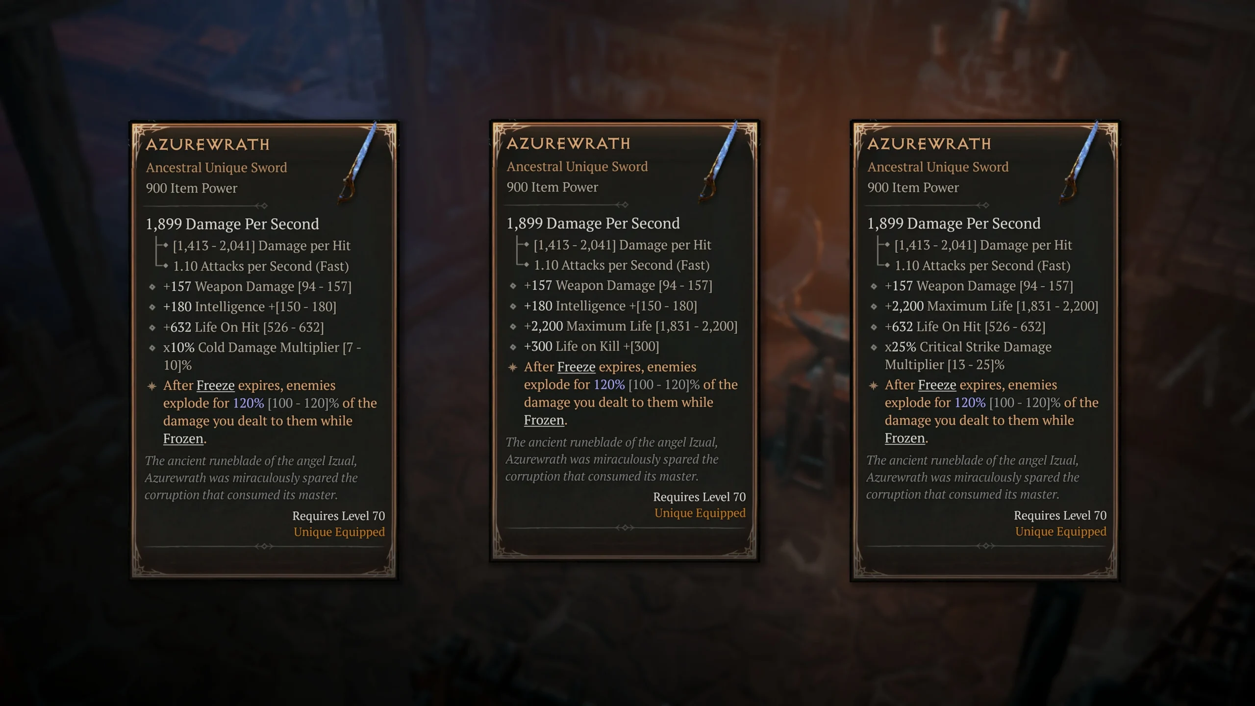 Blizzard April 2026 comparison of three Azurewrath tooltips with different affix combinations