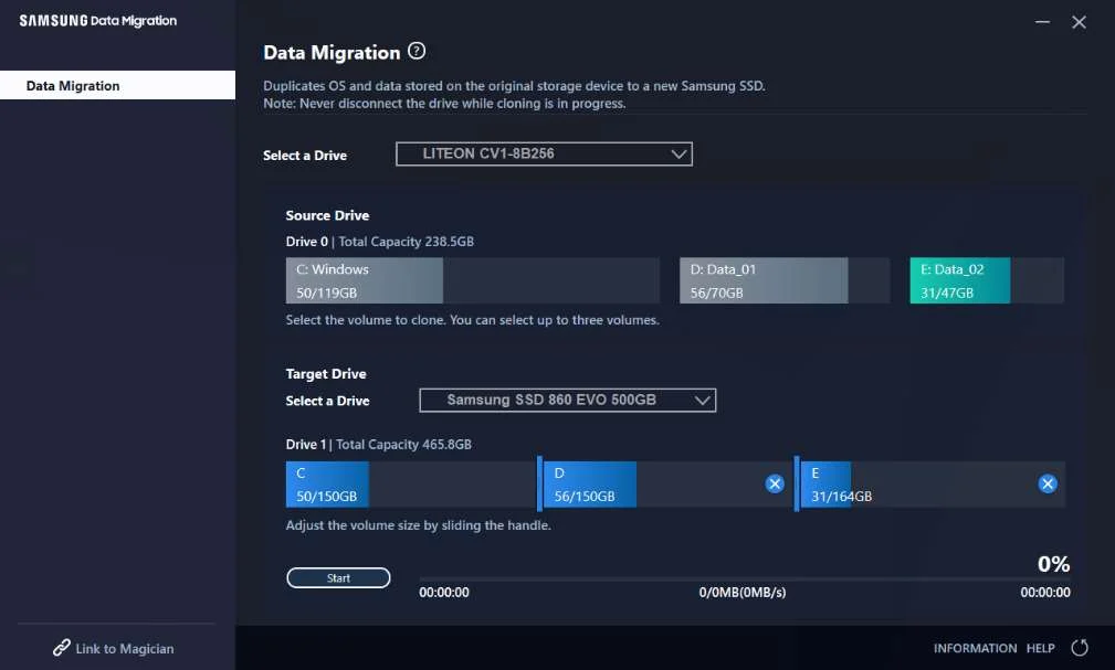 Data Migration 4.0 공식 설명서의 C D E 볼륨 배치 화면 예시