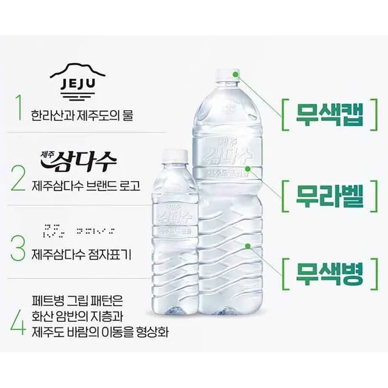 삼다수 무라벨 병의 양각 로고와 무색캡 도해