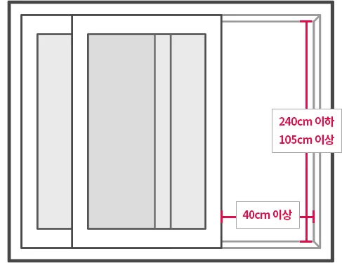 LG 창호형 에어컨 높이 105~240cm와 열림폭 40cm 이상 측정 위치